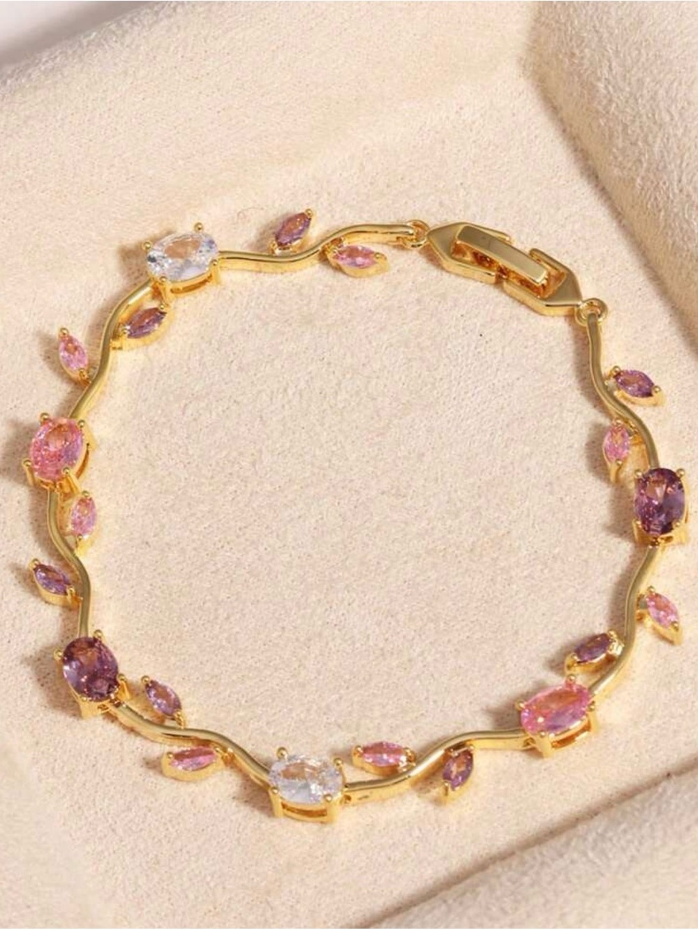 Golden Tone Bracelet with Pink and Purple Gemstones